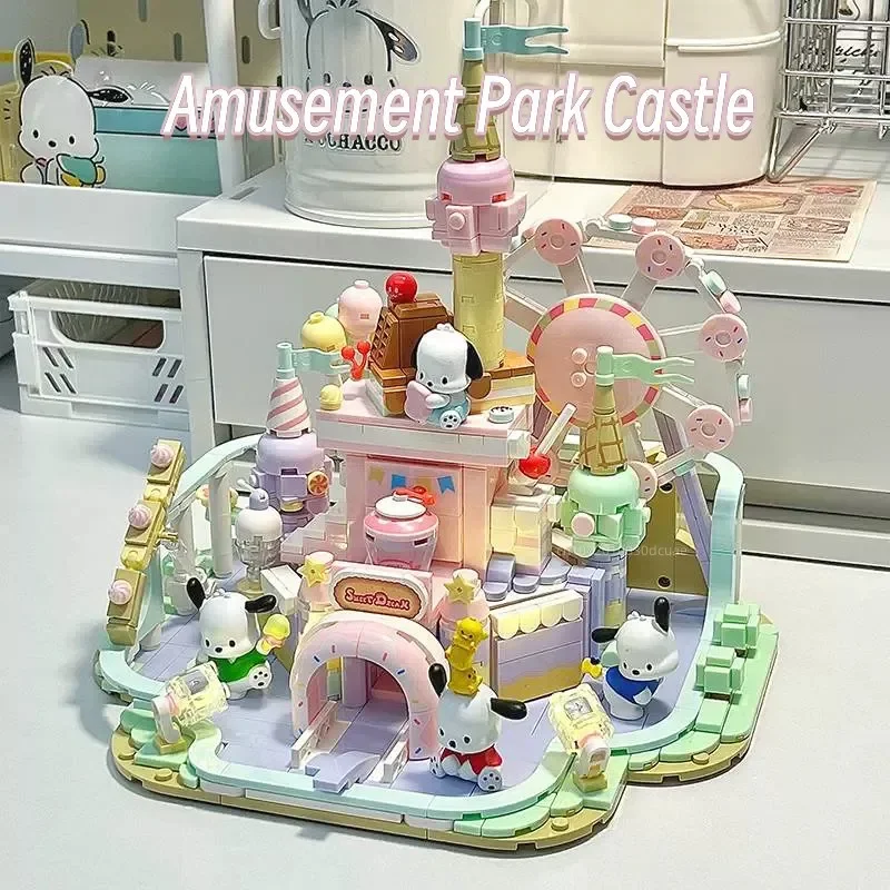 New Sanrio Series Street View Building Blocks Cute Cartoon Pochacco Dessert Shop Assembly Model Children's Puzzle Toy Gift