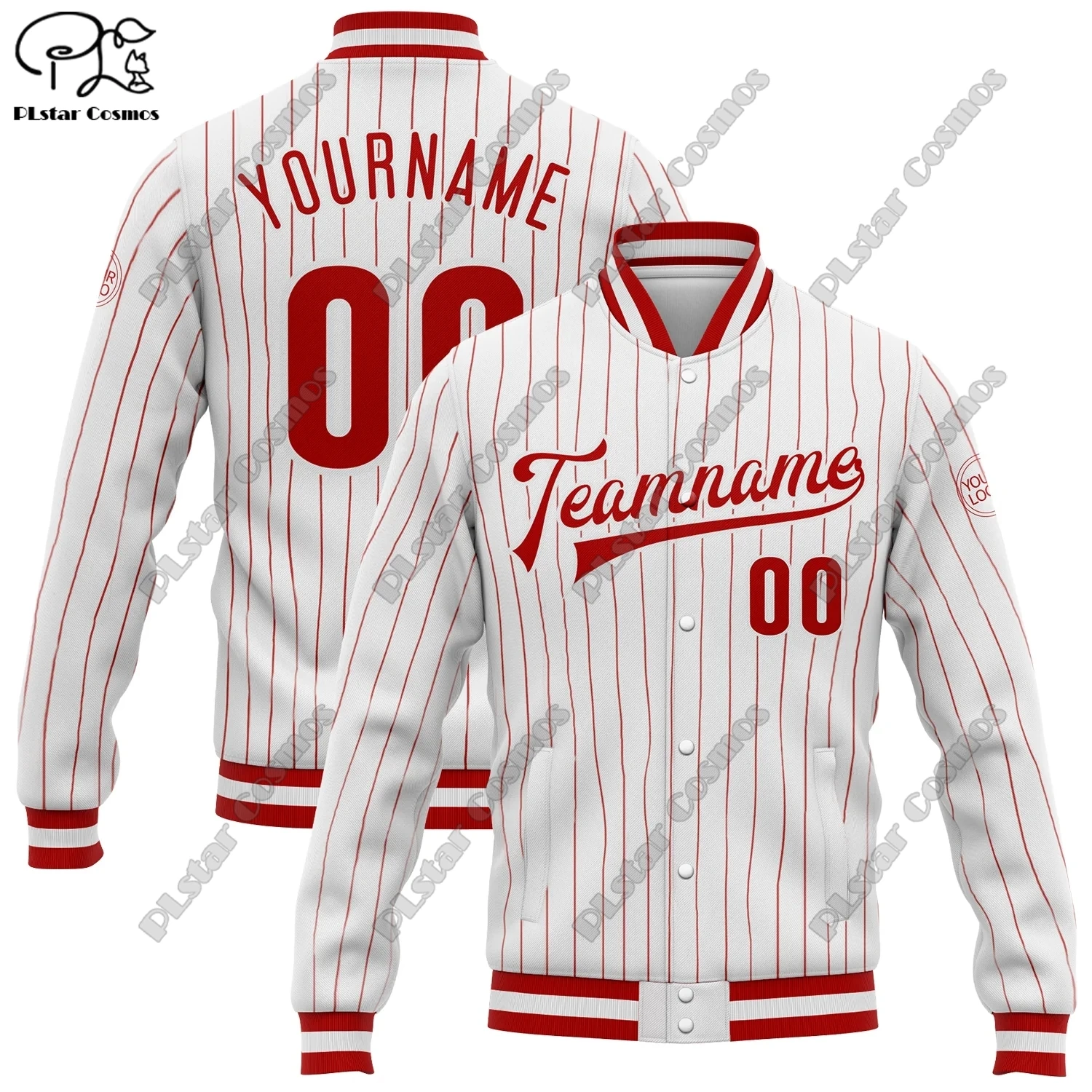 

3D Printing Custom Name Logo White Jacket Stripe Pattern Red Font Design Bomber Full Snap Button Jacket Unisex Team Gift Winter
