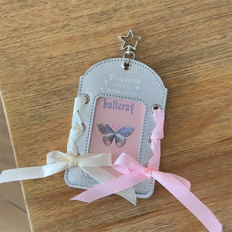 Ballet Ribbon Card Holder Silver Leather 3-Inch Photo Display for K-Pop ID Campus Meal Card