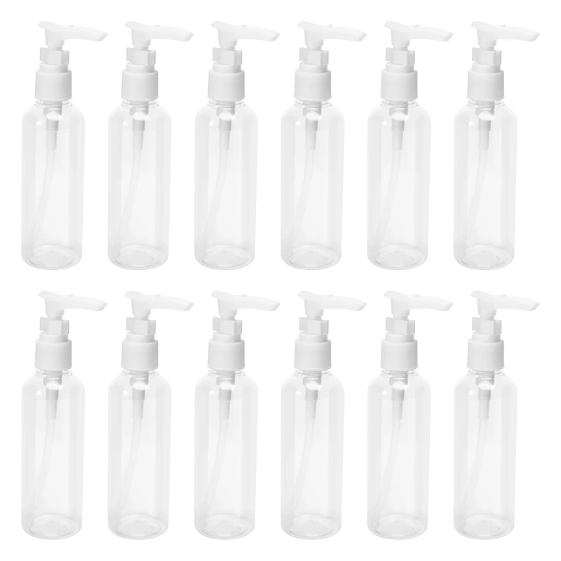 AT17 Confezione da 12 bottiglie da viaggio trasparenti da 3,4 Oz/100 ml Bottiglia con pompa Bottiglia dispenser per lozione per acqua, olio da massaggio, shampoo