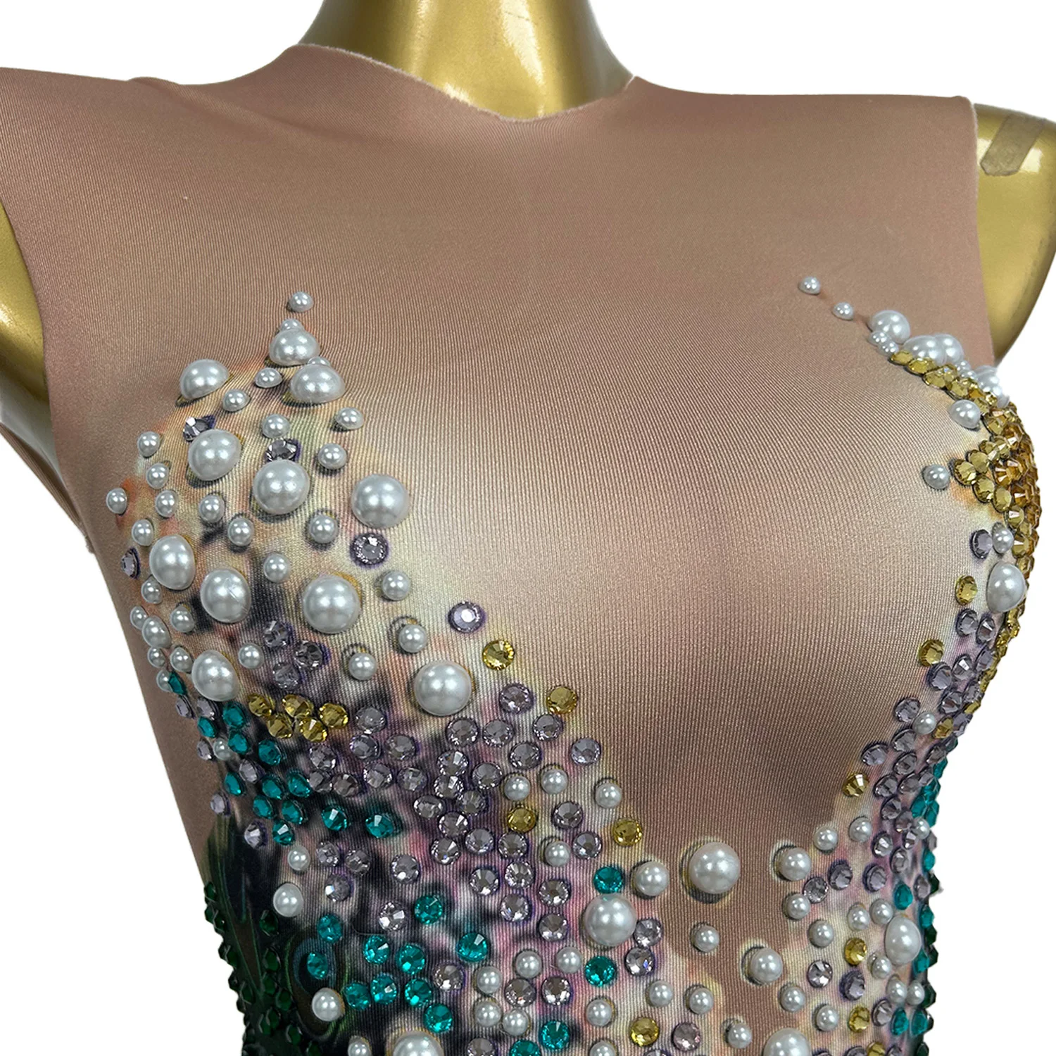 Sexy Jumpsuit Colorful Pearl Rhinestone Ultra High Stretch Spandex Tight Shorts Beach Birthday Party Dress Pole Dance Dress haoc