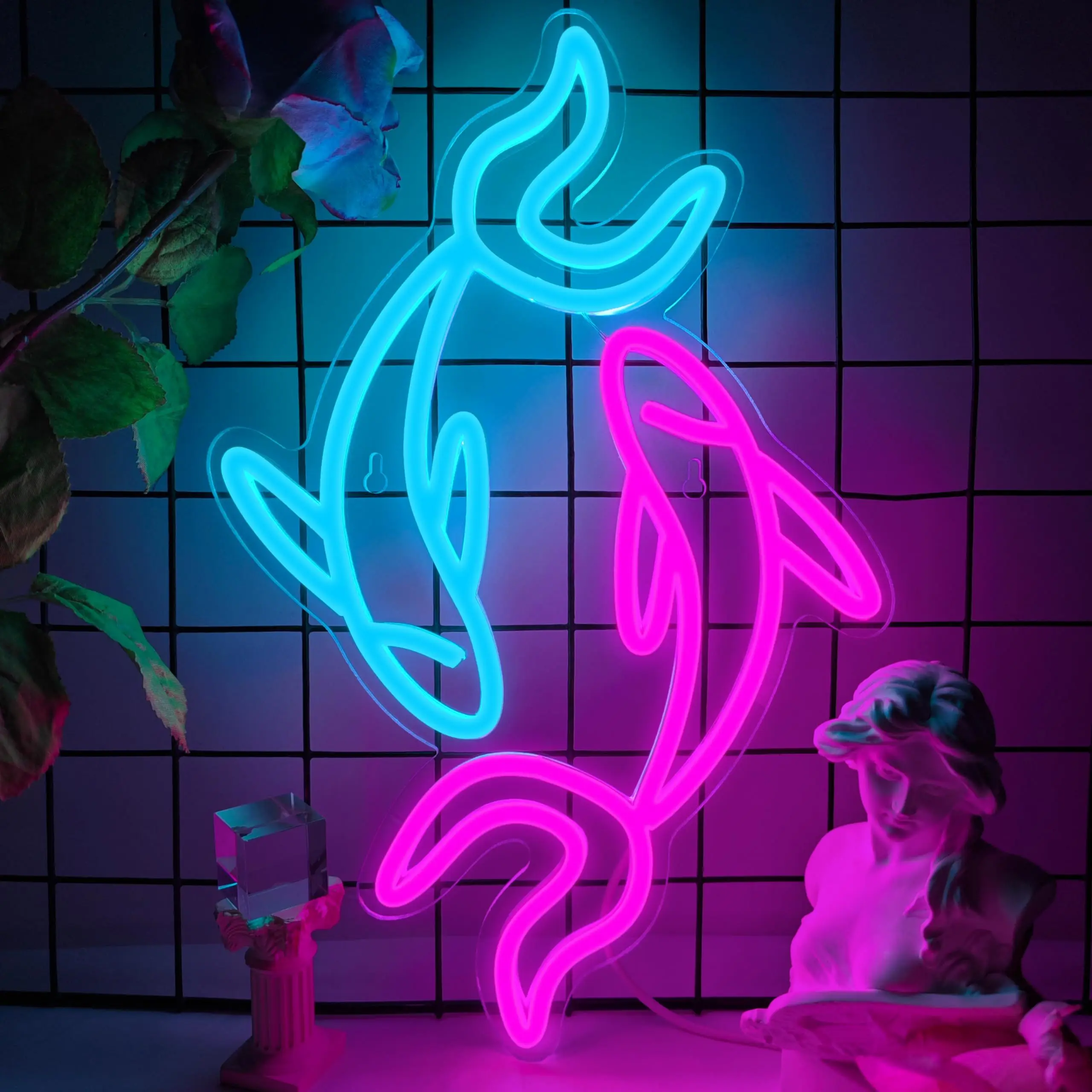 코이 네온 사인, USB 전원, 밝기 조절 스위치 포함, 침실, 사무실 및 중국 스타일 장식에 적합