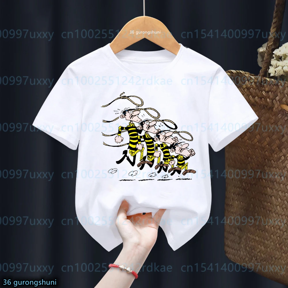 Camisetas divertidas con estampado de dibujos animados de los Daltons para niños, camiseta informal de moda para niñas, ropa para niños, camisetas blancas con cuello redondo