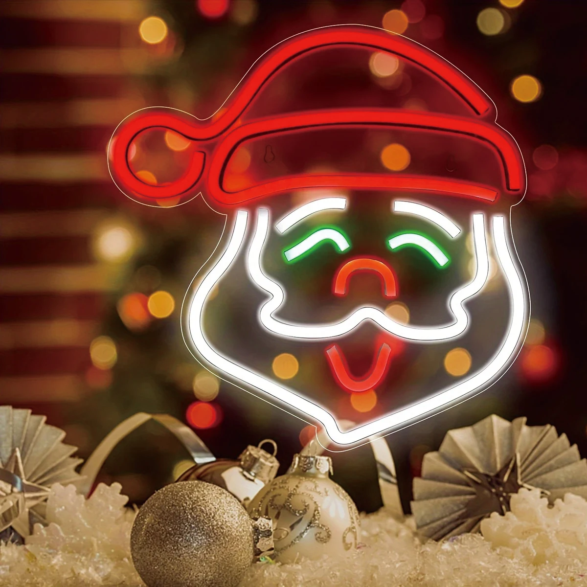 Santa Claus Face LED Neon Sign, USB Acrylic Christmas Wall Light, Multicolor Santa Hat Neon Lamp, Xmas Window Hanging Decor, Hol