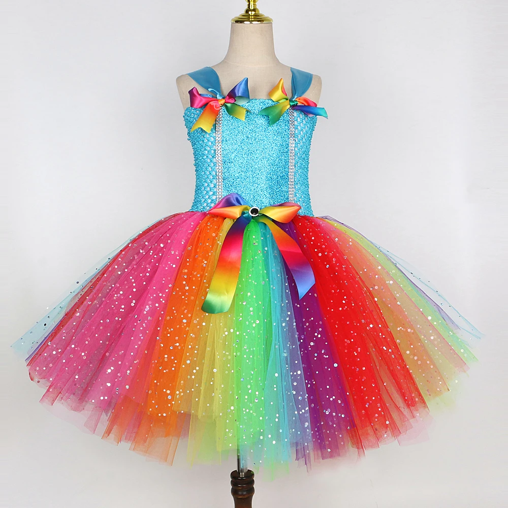 Sparkly Rainbow Fairy Costumes for Girls Glittery Colorful Candy Dress for Kids Halloween Christmas Tutus Birthday Wings Outfits