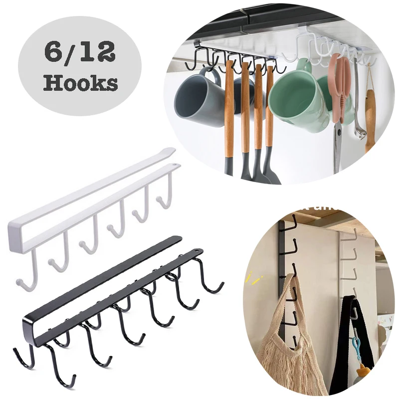 12 Hook Storage Shelf Wardrobe Kitchen Bathroom Organizer Iron Metal Under Shelves Hanging Rack Mug Cup Utensils Holder Kitchen