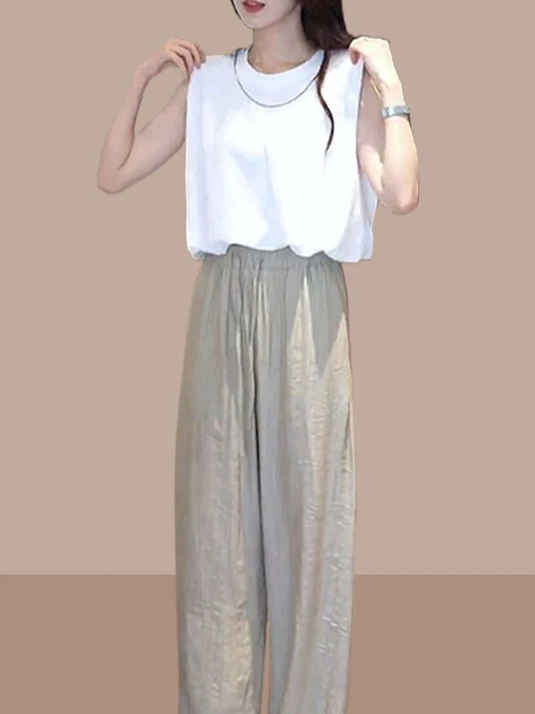 Fashionable Summer Outfit Women's Sleeveless round Neck Loose Wide Leg Pants Set Draping Style Age Reducing Two-Piece Set