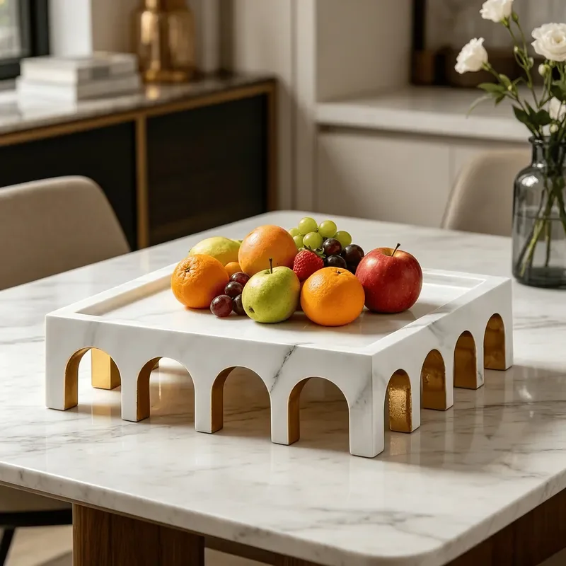 White Stone Pattern Arch Resin Tray Luxury Decorative Fruit Plate for Dining Table Hall Ornament Storage Bowl Modern Home