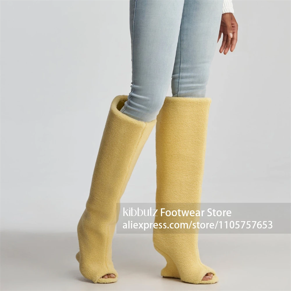 Integrated Sculptural Curved Wedge Heel Boots Slouchy Straight Tall Shaft Boots Sexy Open Toe Soft Plush Fluffy Texture Boots