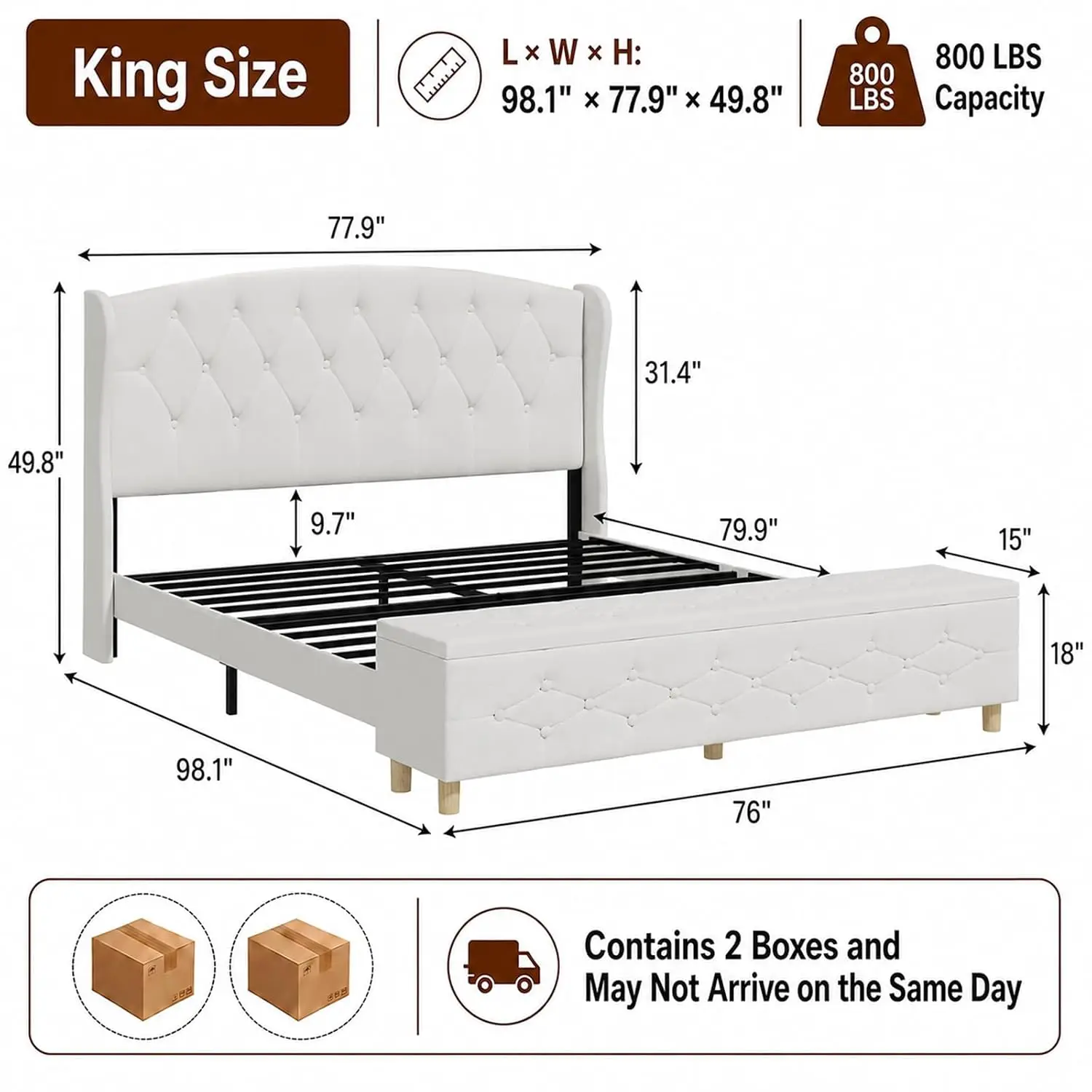White Upholstered King Bed Frame, 49.8