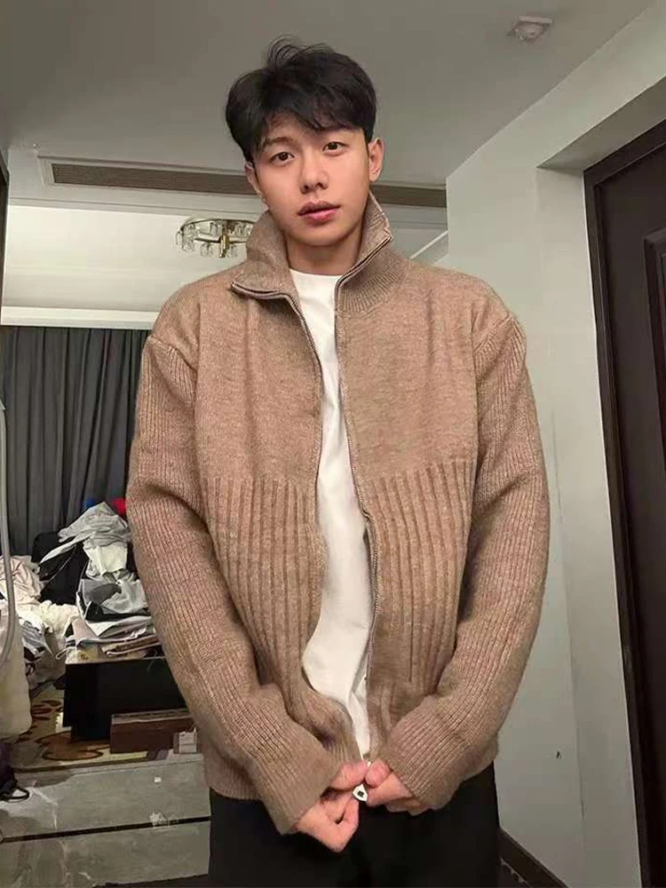 

Мужской вязаный свитер с высоким воротником на молнии, повседневный полосатый кардиган в стиле преппи, осенне-зимняя модная классическая куртка