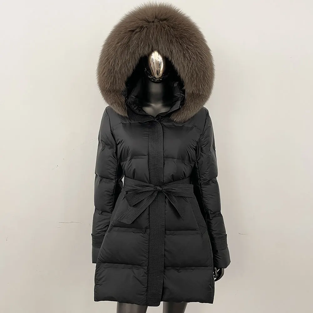 Lady Real Raccoon Fur Down Jacket Natural Fox Fur Coat Female Thick White Duck Down Jacket Winter Office Puffer Jacket Women