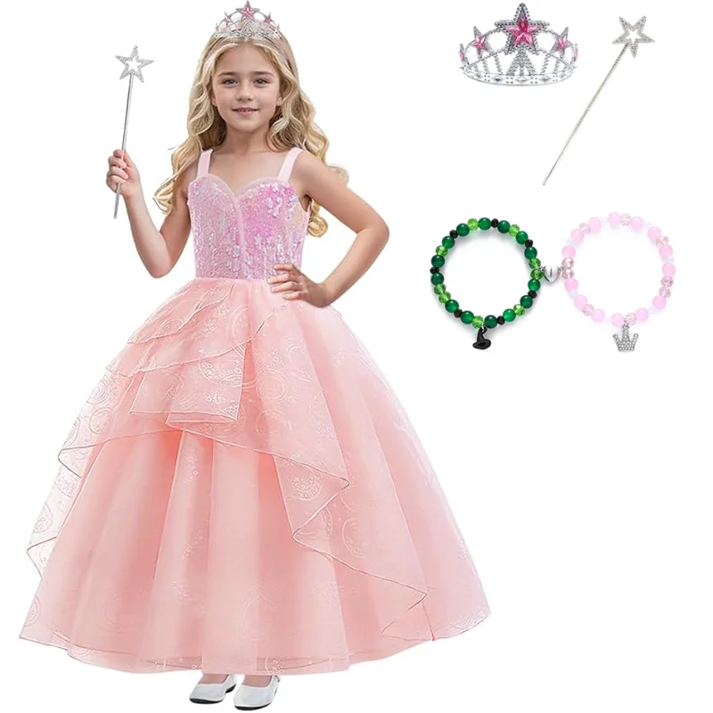 

Wicked Children Glinda Pink Costume Witch Long Sequins Mesh Princess Dress For Kids Girls Birthday Party Halloween Carnival Gown