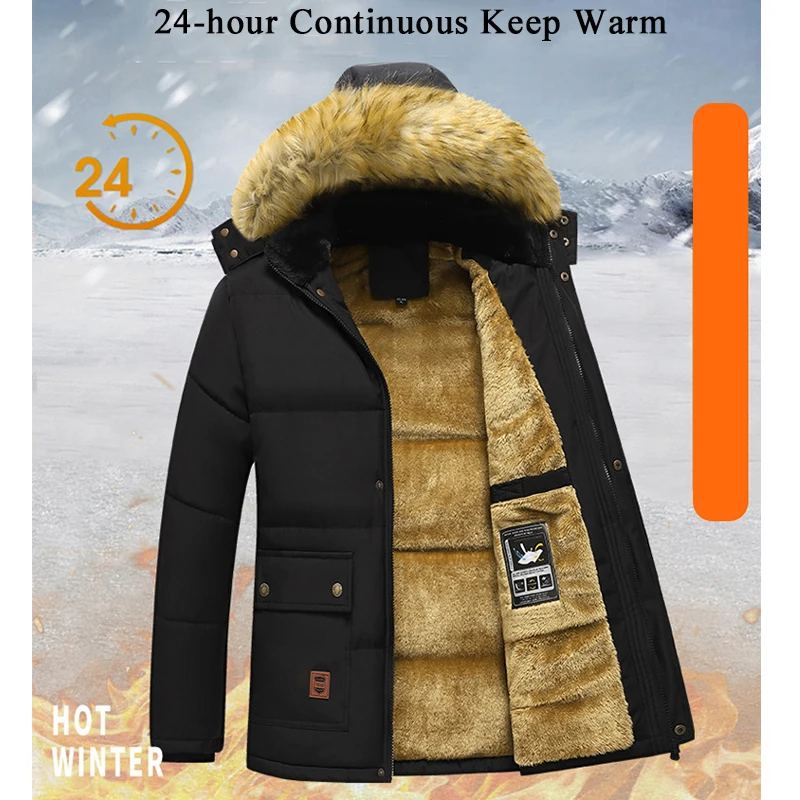 2024 Winter Windproof Men\'s Coat Plush Thicked Keep Warm Men\'s Jacket Classic Parkas For Men Hooded Fur Collar Outdoor Overcoat