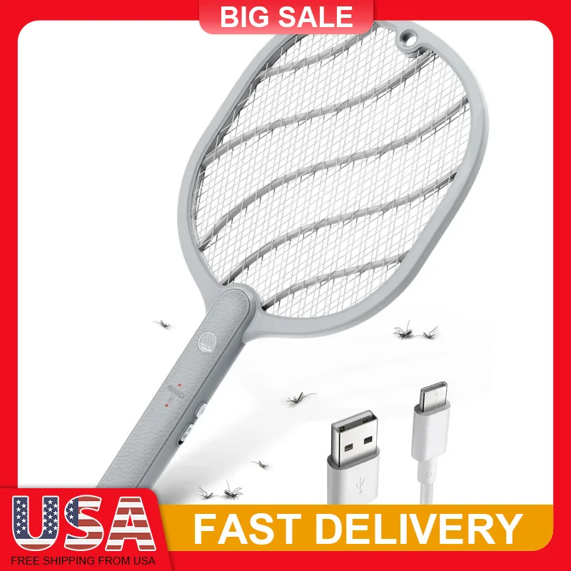 

3800V Electric Fly Swatter Rechargeable Mosquito Zapper Handheld with 3 Layer Safety Mesh Lightweight for Home Garden Camping