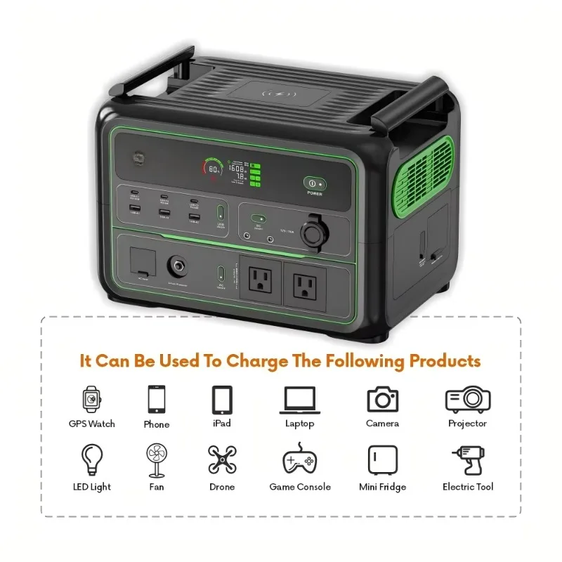 Emergency Power Supply Solar Panel Car Charging Technology Pure Sine Wave Wireless Charging Flashlight Cigar Lighter 1200W
