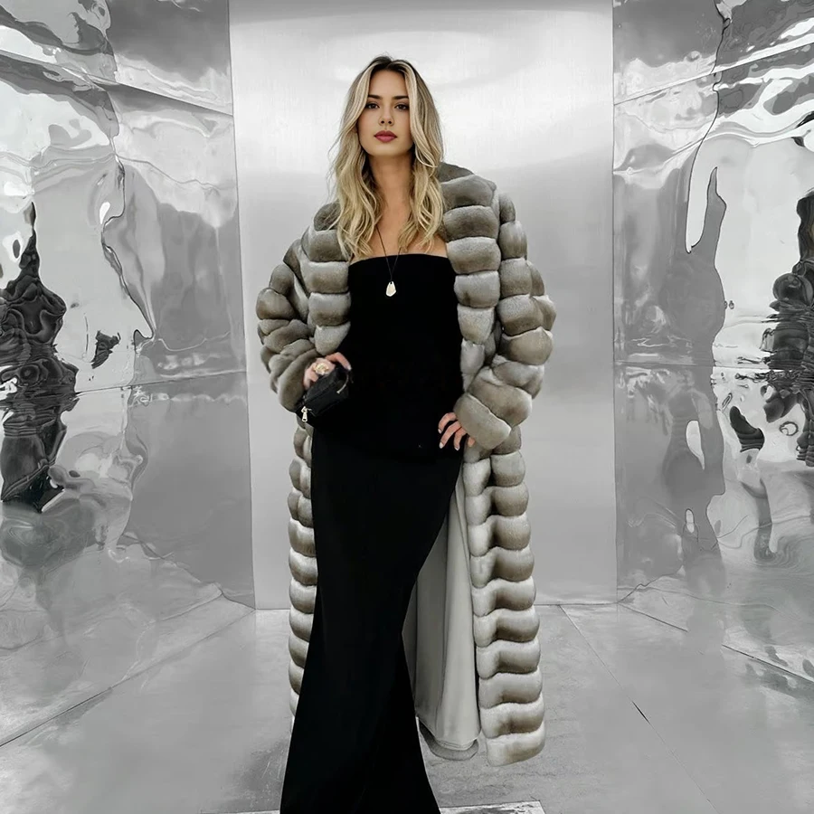 天然ウサギの毛皮のコートラペル付き女性の冬のロングファーコートリアルファーコートファッション高品質本革ジャケット