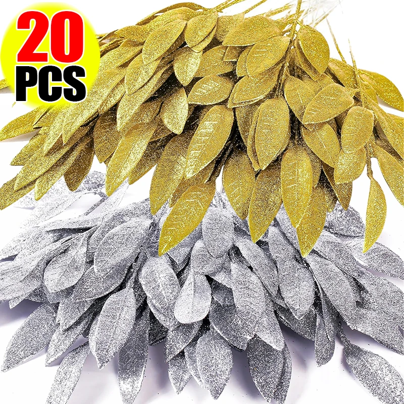 20-1Pcs Christmas Glitter Leaves Artificial Plastic Gold Silver Olive Leaf DIY Xmas Tree Ornaments Fake Plants Home Party Decors