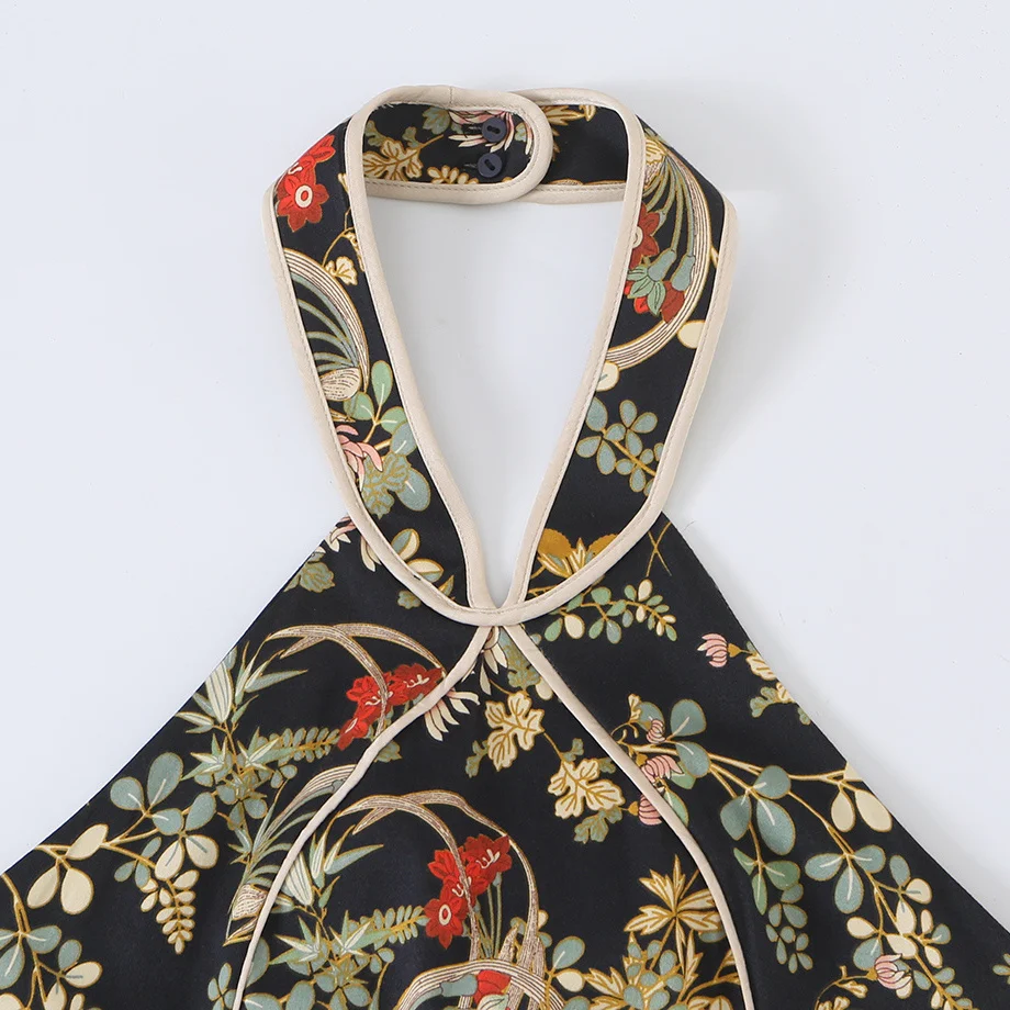 KASLEAD Women's Printed Gown Hanging Collar Dress Stylish European Style Polyester Fabric Straight Tube Dress for Ladies