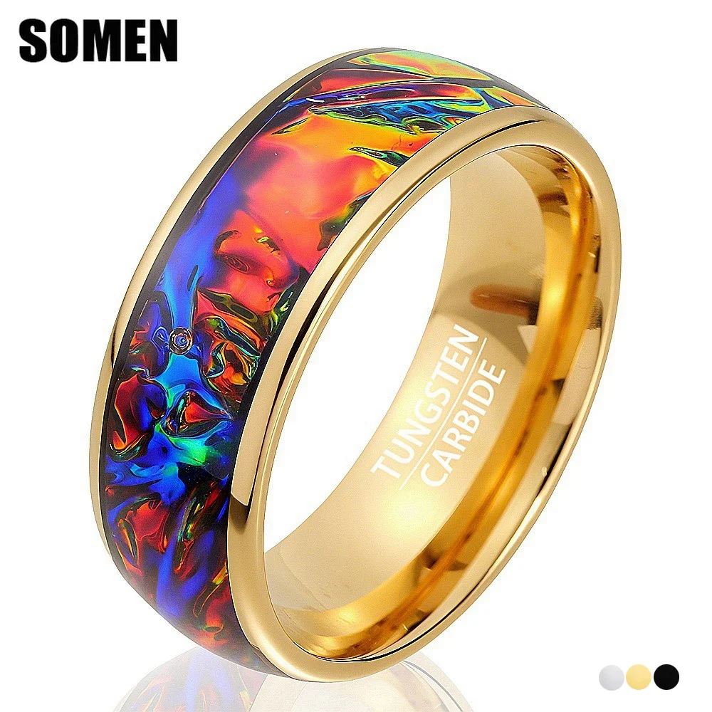 Somen 8mm Gold Color Tungsten Ring For Men Dichrolam Rainbow Inlay Wedding Band Engagement Jewelry Comfort Fit Bague Homme