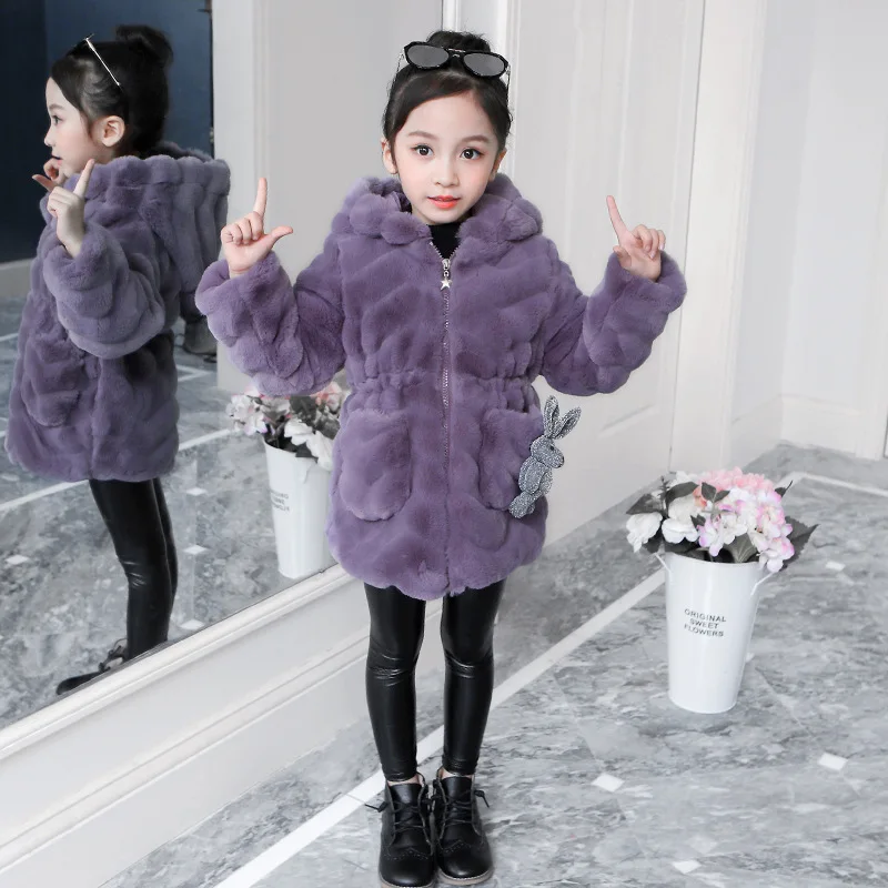 NEW Winter Mid-length Imitation Rabbit Fur Solid Waist Design Childrens Jacket With Cap New Long Sleeve Coat For Girls 4 8 12 Y