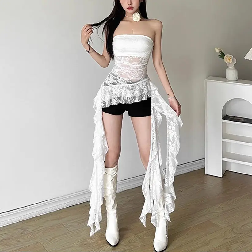 الحلو مثير غير النظامية غير المتماثلة سليم تانك القمم Y2k Harajuku الدانتيل تي شيرت المرأة أسود أبيض القمم كشكش لطيف مشد الأعلى العصرية جديد #4