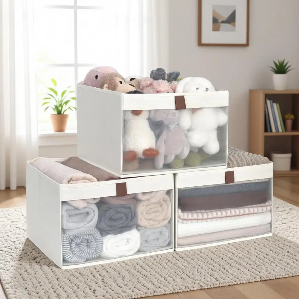 

3-Pack Beige Extra Large Storage Bins with Clear View and Handles for Clothes and Fabric Organization