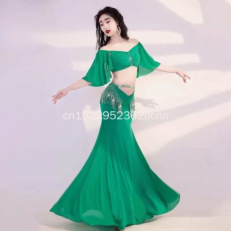 Costume de danse du ventre personnalisé, ensemble de danse du ventre, robe longue d'entraînement à pampilles, robe de spectacle de danse pour femmes, vêtements de danse du ventre