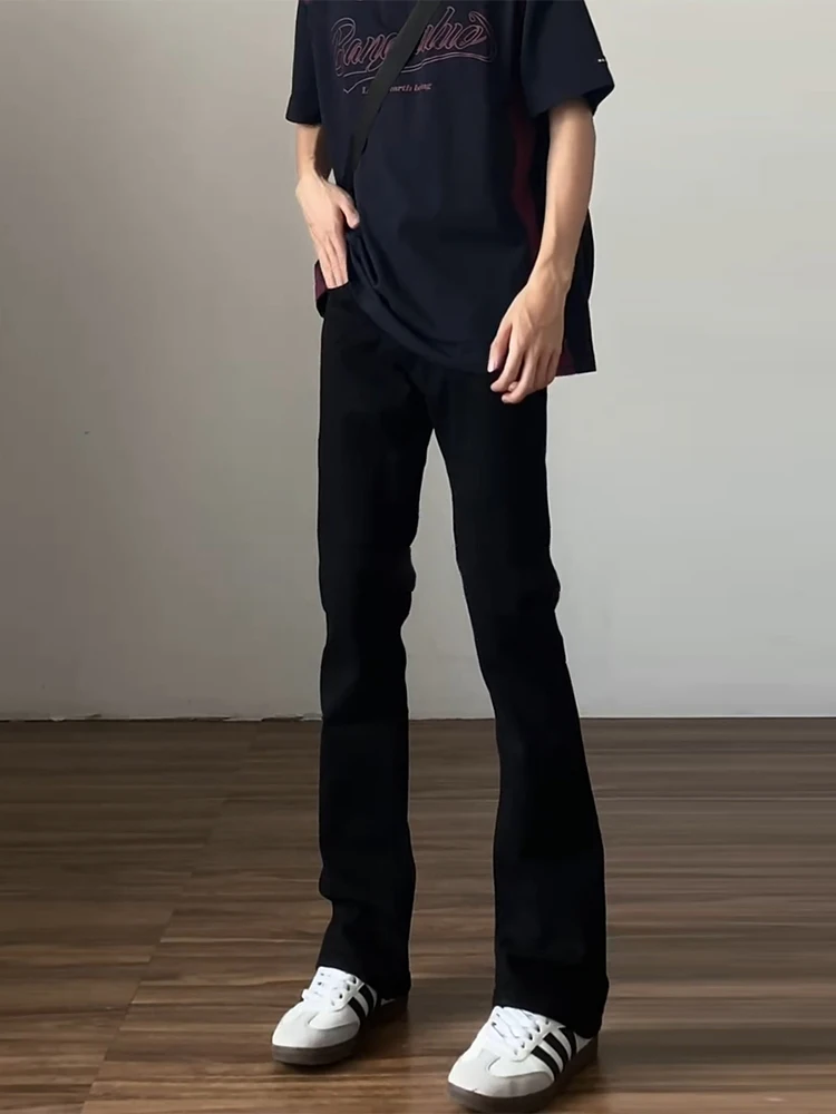 

Black Slim Fit Elastic Denim Jeans Men's Spring Autumn Fleece American High Street Vibe Straight Leg Micro Flared Pants