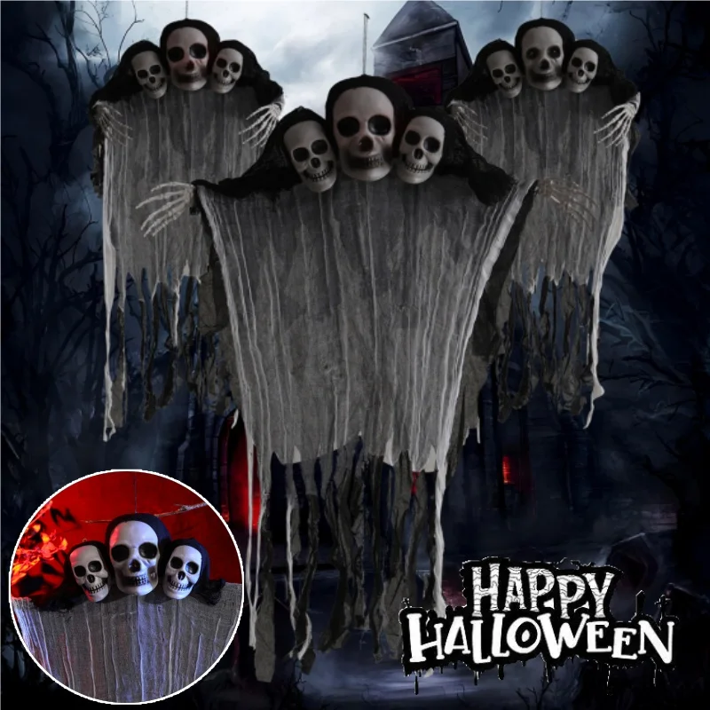 

Three Headed Hanging Ghost Skeleton with Gauze Halloween Prop for Outdoor Haunted House Entrance Large Scary Hanging Decoration