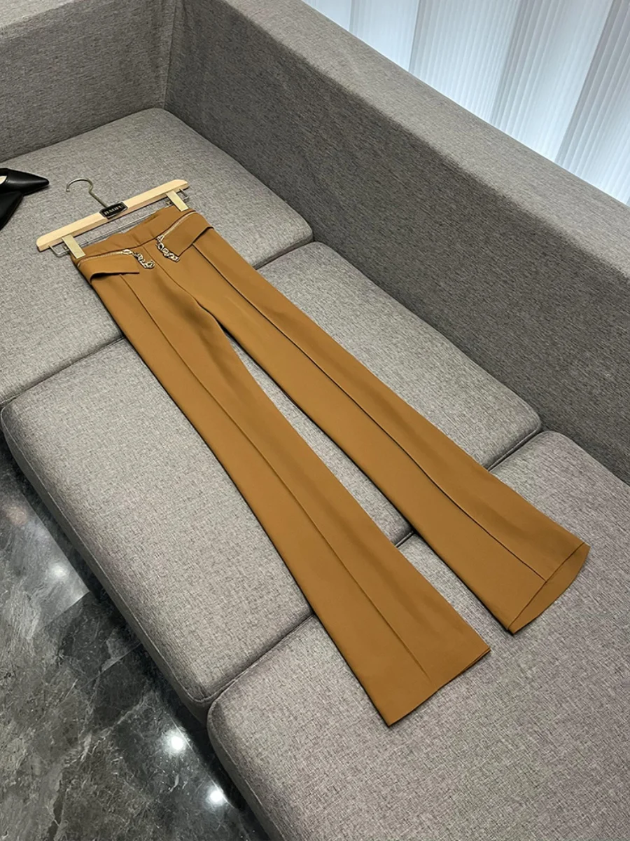 

Ce Brown Chain Detail High Waist Wide Leg Casual Pants Lengthening Leg Trousers Ele Pants D6233HB Casual Trousers
