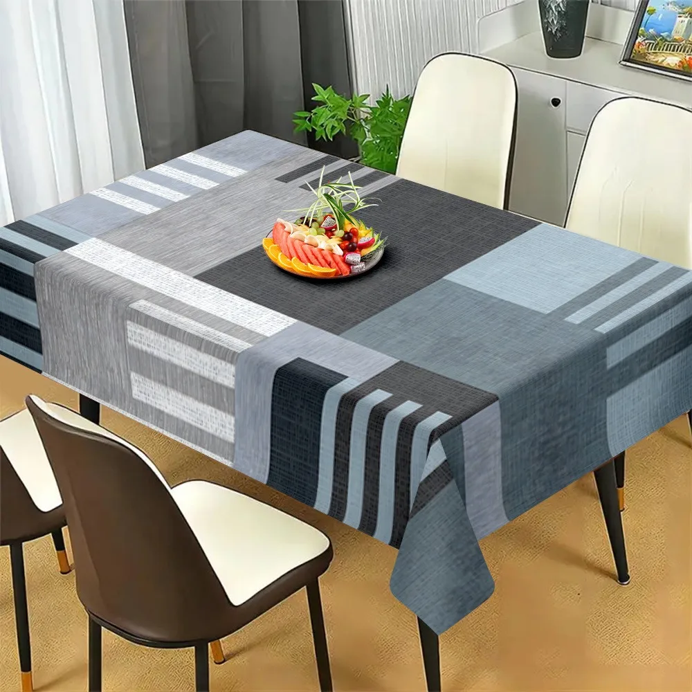 A polyester tablecloth - a perfect gift. Modern blue and grey striped tablecloth. Large rectangular or square shape.