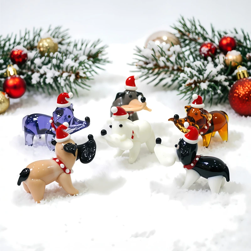 Cute Glass Animal Dog Miniature Figurine Handmade Puppy Animal Statue Ornaments for Home Tabletop Decor Christmas New Year Gift