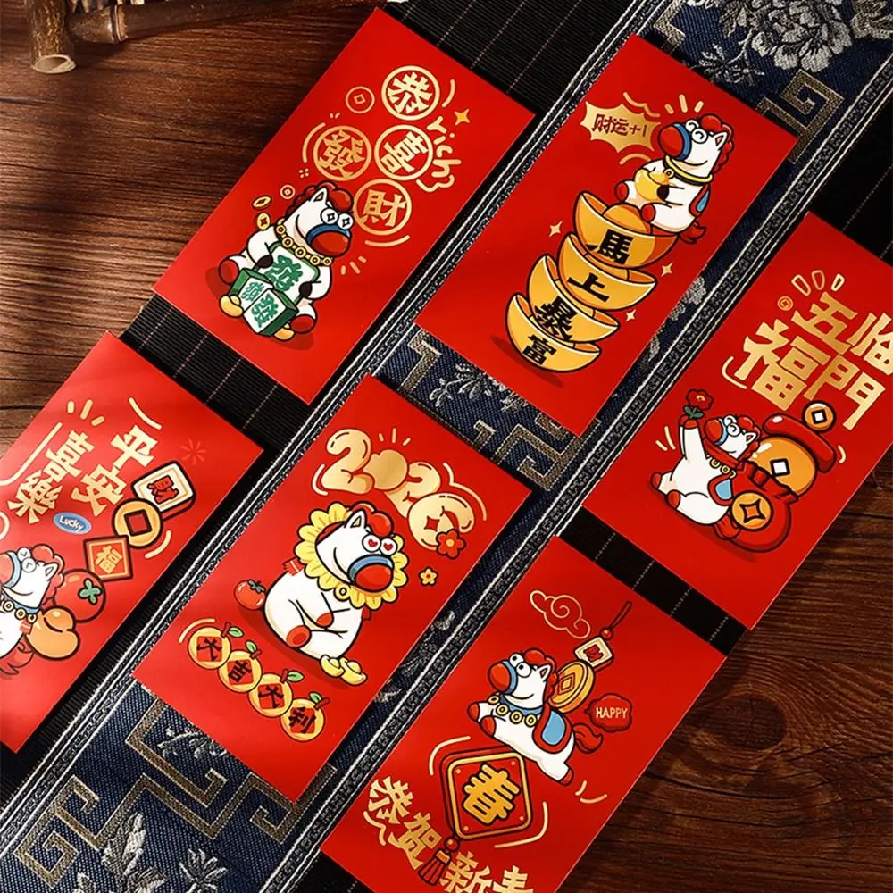 6 unids/set creativo 2026 Año del Caballo sobre rojo artesanía de papel Año del Caballo Festival de Primavera sobre rojo dibujos animados tradicionales