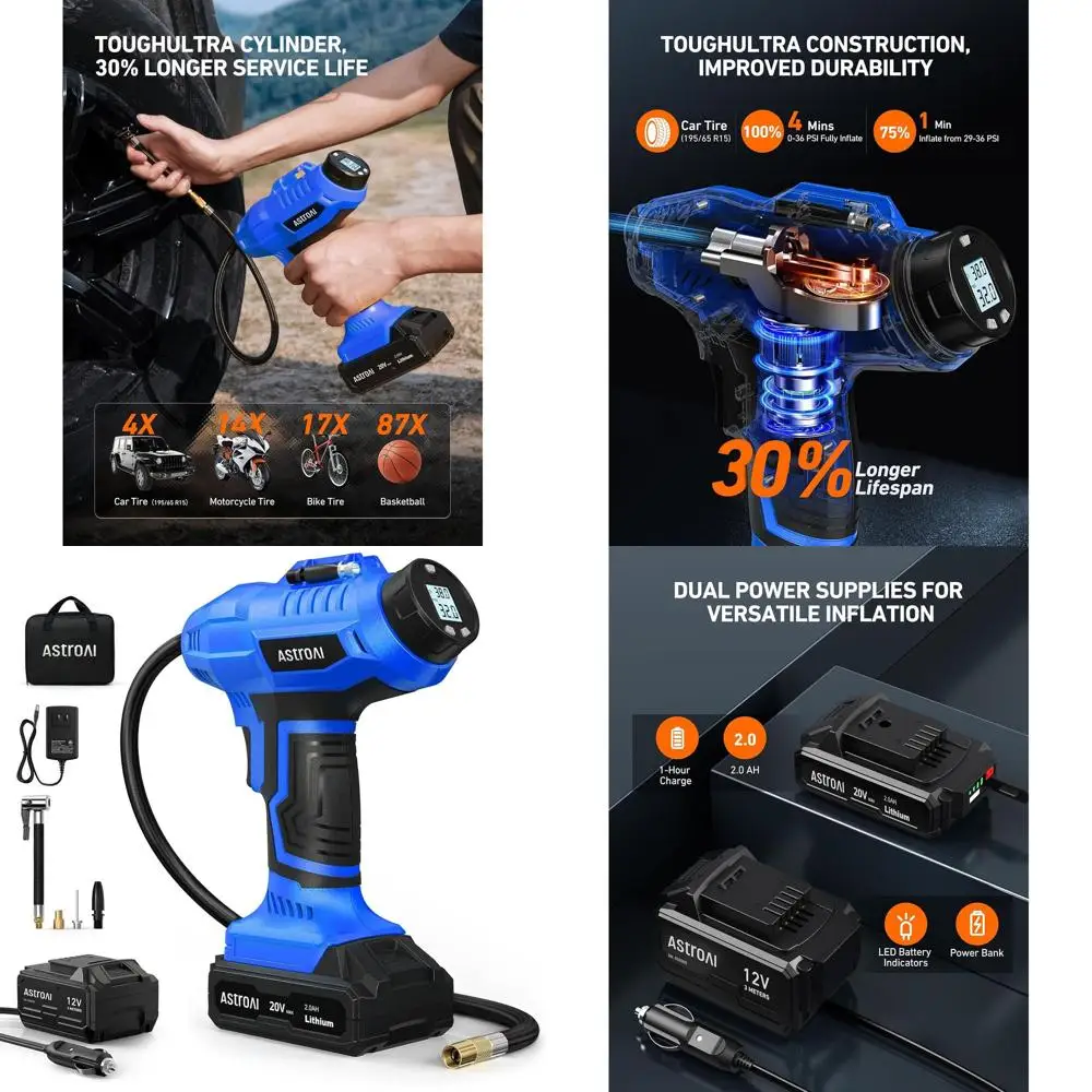 

20V Rechargeable Cordless Tire Inflator, 160PSI Digital Pressure Gauge, Portable Air Pump for Cars & Motorcycles