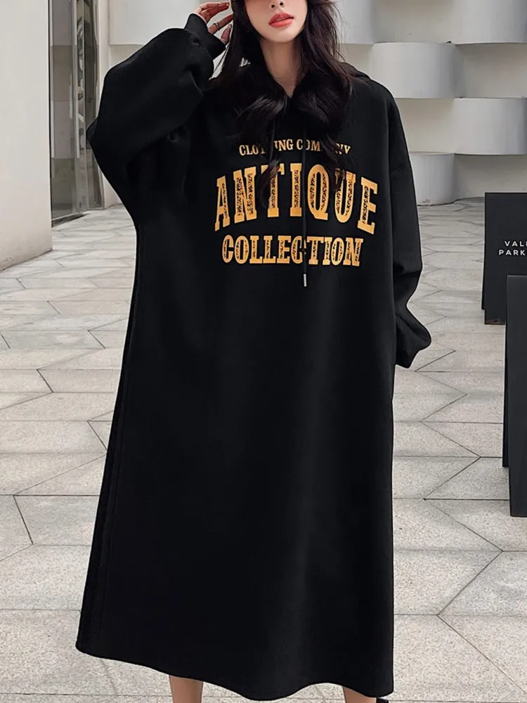 Autumn Winter Thickened Fleece Long Hoodie Dress Casual Split Loose Plus Size Women's Fashion Knee-high Sweatshirt Dress