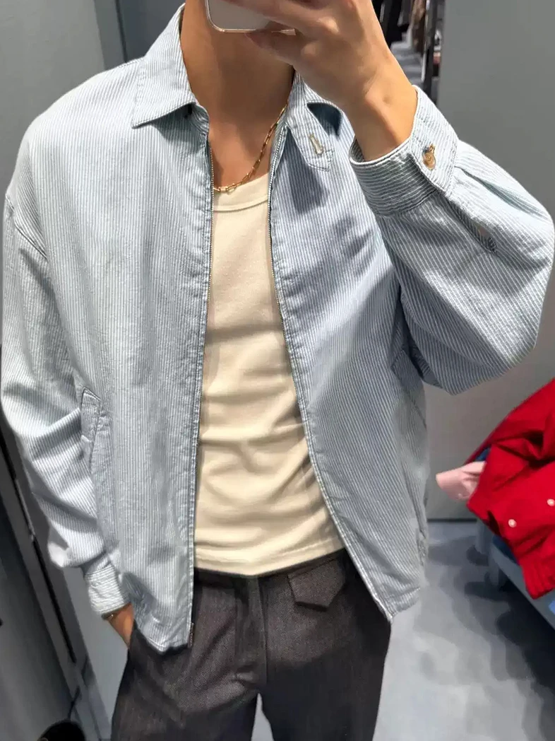 

Модный мужской полосатый тюнер свободного покроя, легкий тонкий откидной воротник, повседневная рабочая одежда, весенне-осенняя ткань из бычьей ткани против морщин