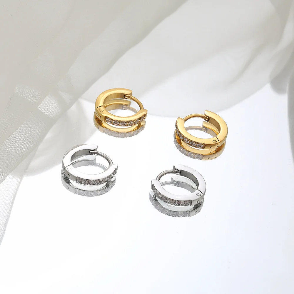 Kristall-Zirkonia Kleiner Knorpel-Creolen-Set aus schwarzem Edelstahl, runder Piercing-Ohrring für Damen, modischer Schmuck-Trend – Detail 1