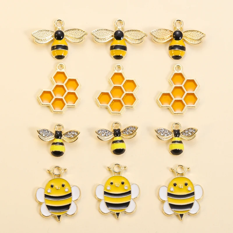 10Pcs Cute Enamel Bee Honeycomb Charms For DIY Jewelry Making Earrings Pendants Necklaces Bracelets Handmade Gift Accessories