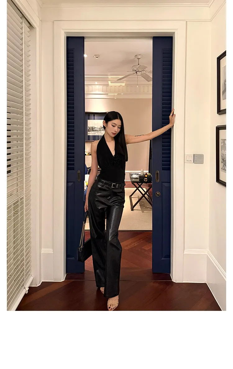 Lautaro Spring Autumn Shiny Lizard Print Pu Leather Straight Pants Women High Waist 2026 Chic Luxury Brands Alternative Pants