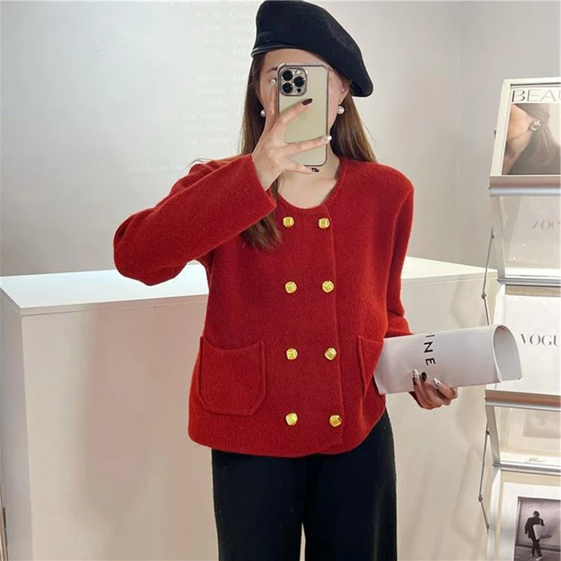 French Short Knitted Cardigans Women Vintage Double Breasted Pockets Sweater Woman 2023 Autumn Winter O-Neck Loose Cardigan Coat