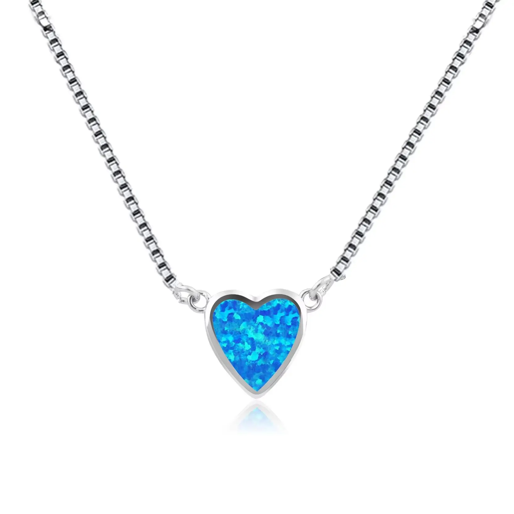 Created Opal Heart Necklace, Dainty Layering Chain for Women, Elegant Box Chain Jewelry Gift for Mom Daughter,Blue Green Pendant