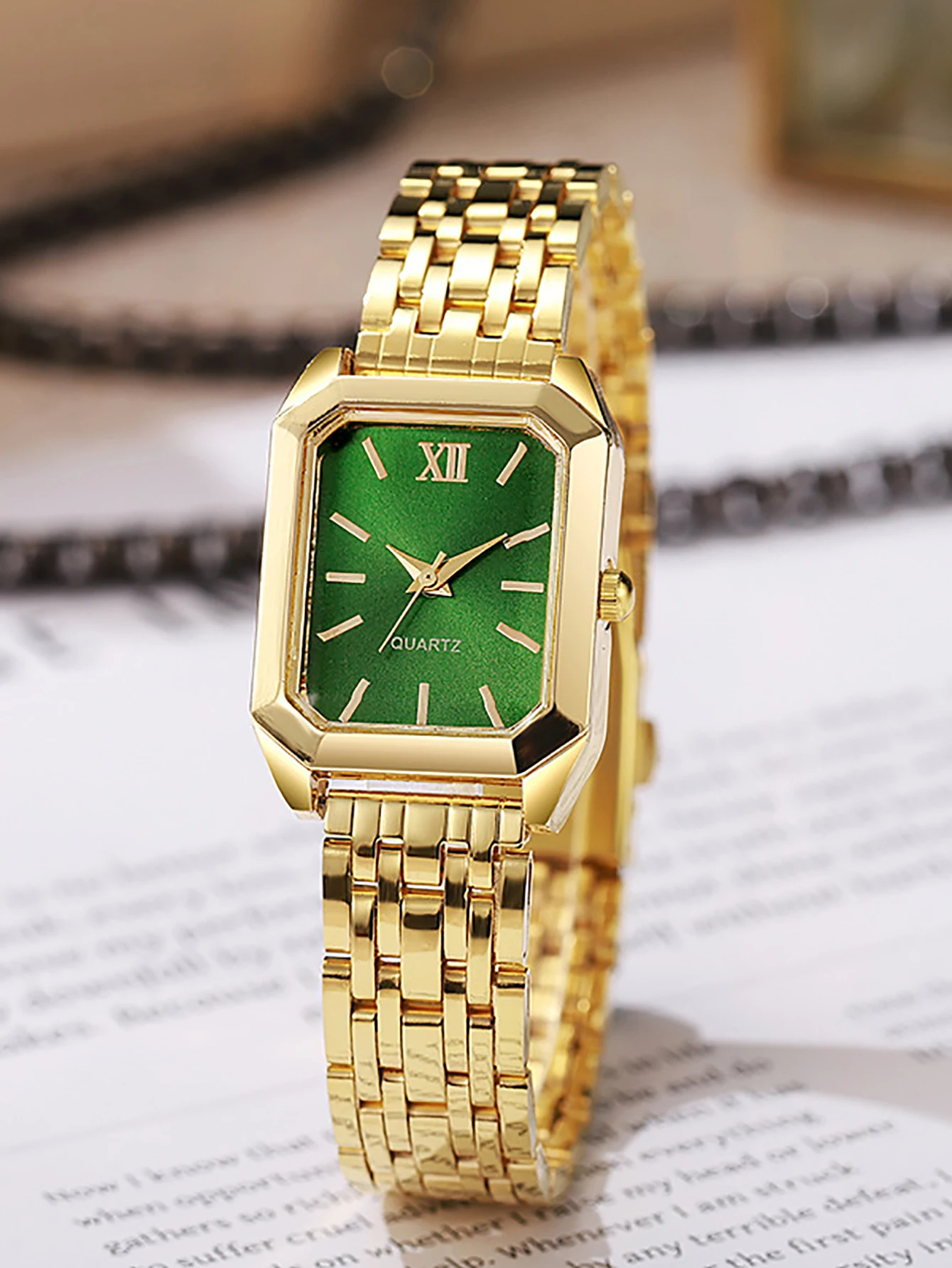 Ladies Green Square Quartz Watch with Bracelet Necklace Earring Set Versatile Holiday Gift Ideal Daily Match