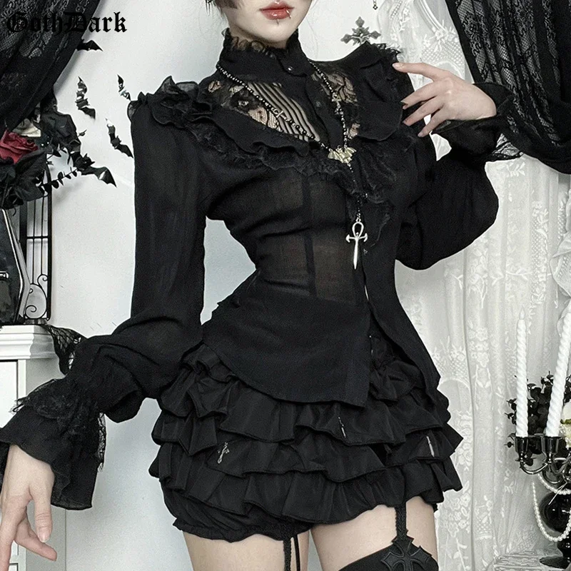 Camicette monopetto con patchwork cavo in pizzo gotico scuro Camicette da donna Abiti di moda Mall Goth Camicie con maniche svasate Top Halloween