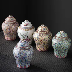 European Style Colored Ceramic Tea Caddy Large Sealed Candy Jar Tabletop Flower Vase Household Coffee Beans and Nuts Storage Box