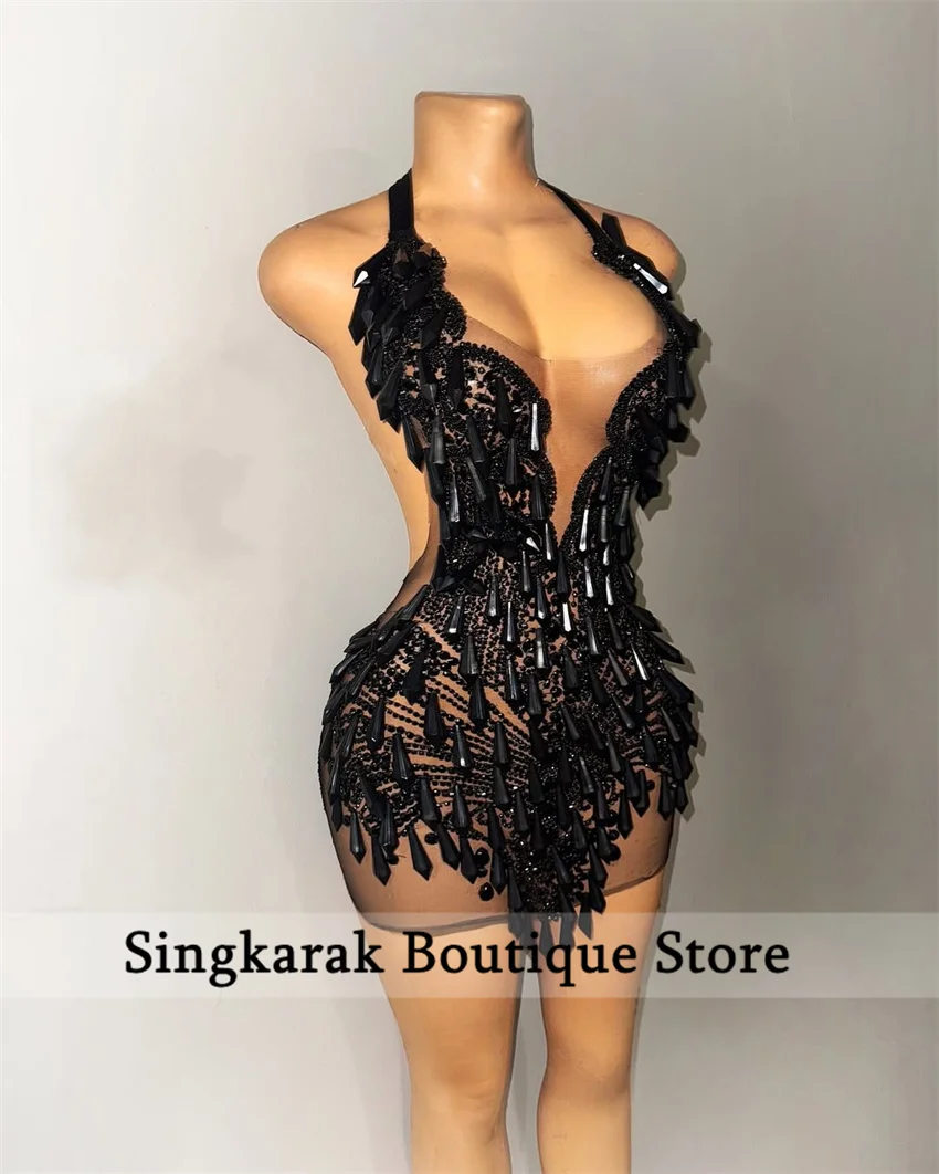 

Sparkly Black Crystals Short Prom Dresses For Black Girl Halter Rhinestones Cocktail Birthday Party Gowns Open Back Customized