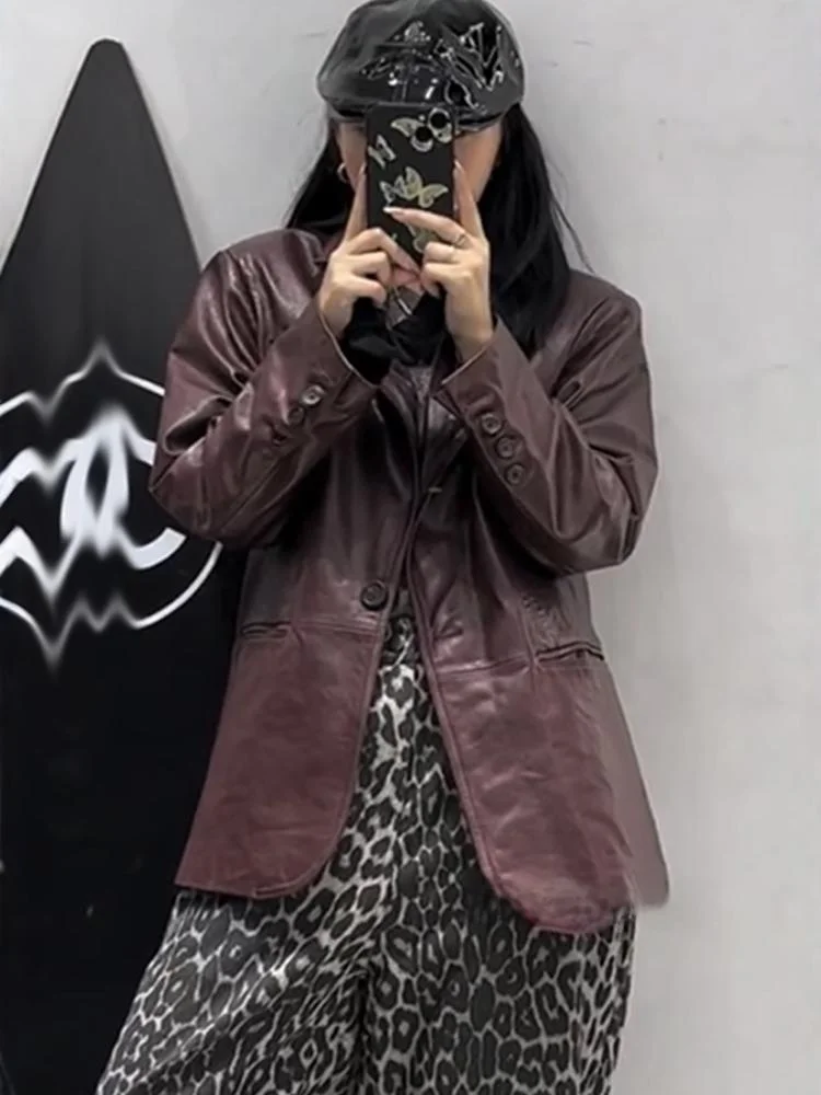 เสื้อโค้ทหนังแท้ทรงหลวมสไตล์ลำลองสำหรับผู้หญิง รุ่นสลิมมิ่ง แฟชั่นฤดูใบไม้ร่วง 2024 สไตล์เรโทร แนวธุรกิจลำลอง