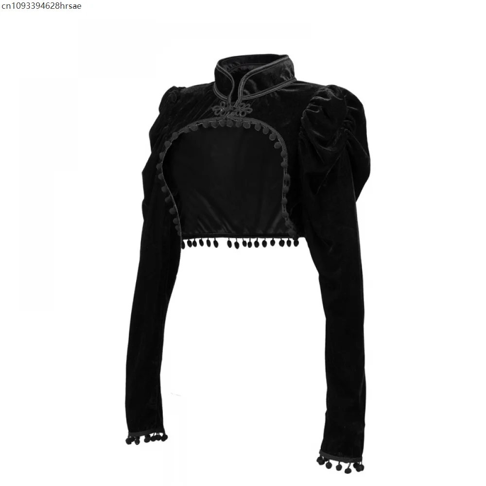 

Q Gothic Black Velvet Short Steampunk Crop Jacket Long Sleeve Women Party Bolero Victorian Coat Vintage Corset Halloween Costume
