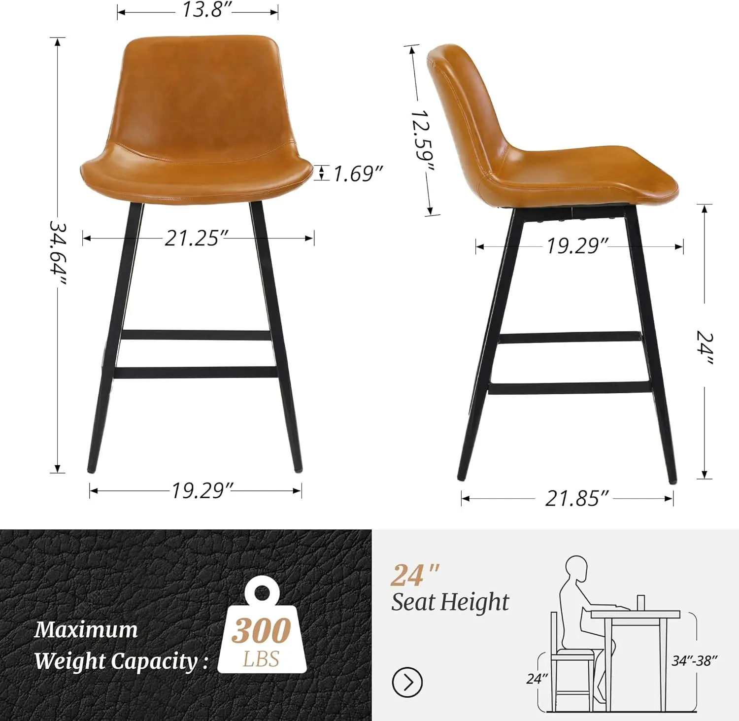 Faux Leather Bar Stools para cozinha, Counter Stool, Modern Bucket Barstool conjunto de 3 barstools com costas e apoio para os pés, está disponível em 24 polegadas