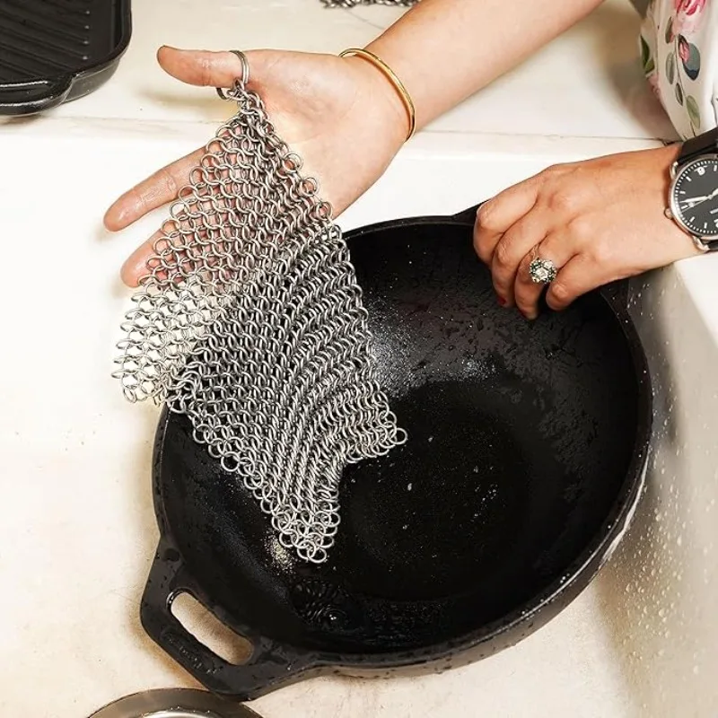 316 Stainless Steel Cast Iron Cleaner, Chainmail Scrubber, Skillet Grill Scraper with Hanging Ring Anti-Rust Made